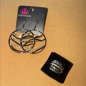 Paparazzi Black,Silver Striped Hoop Earrings with multi layered silver ring.